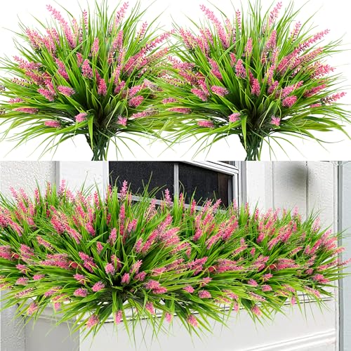 Sggvecsy 24 Bundles Artificial Plants Outdoor Faux Lavender Flowers Fake Monkey Grass UV Resistant Plastic Greenery Plants for Garden Home Porch Window Patio Hanging Planter Indoor Decor(Pink) - color: Pink, size: 24pcs