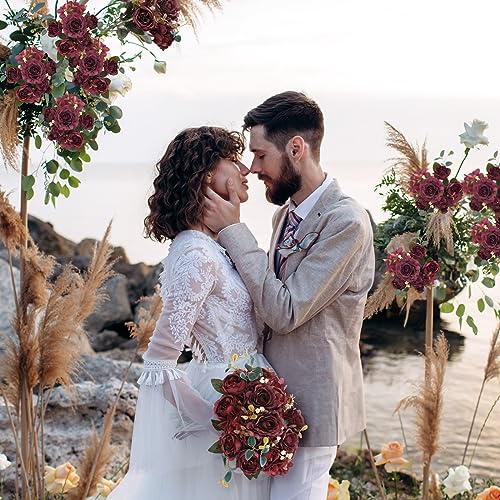 Yunsailing 8 Packs Artificial Peony Flowers Faux Silk Hydrangea Bouquet Vintage Wedding Home Table for Door Decor Reusable Bouquet of Rose Flowers for Valentine Wedding Birthday Party(Burgundy) - color: Burgundy, style: Hydrangea