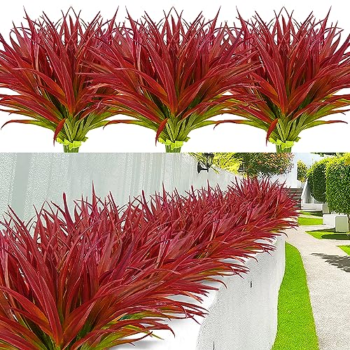 12 Pcs Outdoor Fake Plants UV Resistant Artificial Tall Grass Plants Faux Tropical Flowers Bushes Fall Winter Summer Planters Yard Patio Front Porch Décor Plastic Greenery Shrubs Decoration - color: Rose Red Grass Plant, size: 12 Pcs