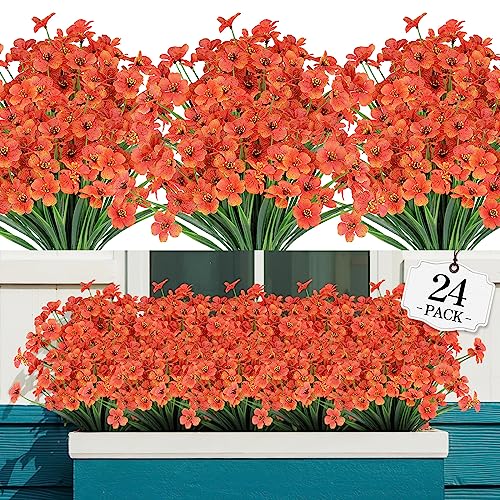 AGIRL 24 Bundles Artificial Fall Flowers Outdoor Indoor Decoration,Fake Plastic Flowers,Faux Mums Plant for Thanksgiving Fall Decor,for Hanging Outside Garden Front Door Porch Patio Window Box - color: Orange, size: 24