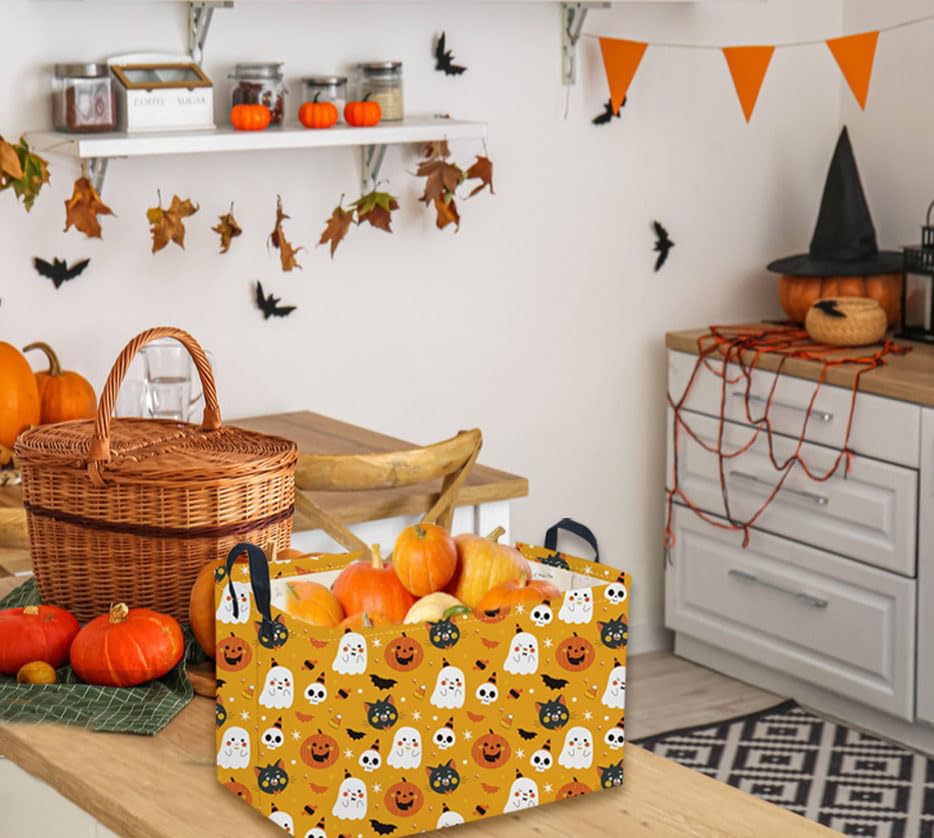 Rectangular Kids Basket,Halloween Basket.Cute Baskets for Room Decor, Pumpkin Baskets with Handles.Books Bins,Gifts Box. (Yellow Halloween) - color: Yellow Halloween