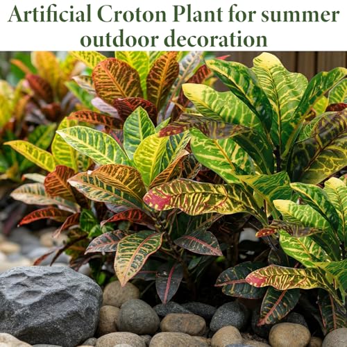 Hotop 4 Pcs Artificial Croton Plant 15.8 Inch Faux Greenery Leaf Branches Lifelike Tropical Houseplant Bush Stems for Home Office Garden Pot Decoration