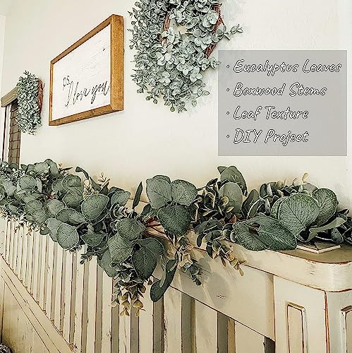 Ouddy Decor 2 Pack Eucalyptus Garland Total 13.1 Ft Lush Silver Dollar Leaves Boxwood Artificial Faux Greenery Vines for Baby Shower Wedding Party Table Runner Room Home Mantle Decor - color: Green, size: 2 Pack