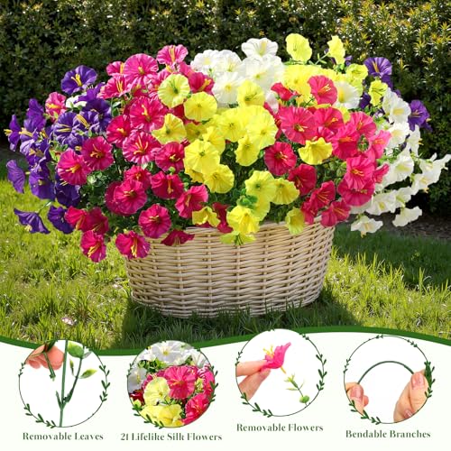 Alupssuc 24 Bundles Artificial Flowers for Outdoors, Faux Spring Flowers for Decoration, UV Resistant Silk Morning Glory with Eucalyptus Realistic Fake Flowers for Yard Planter Porch Garden, 4 Colors - color: Fuchsia, Deeppurple, Yellow, White