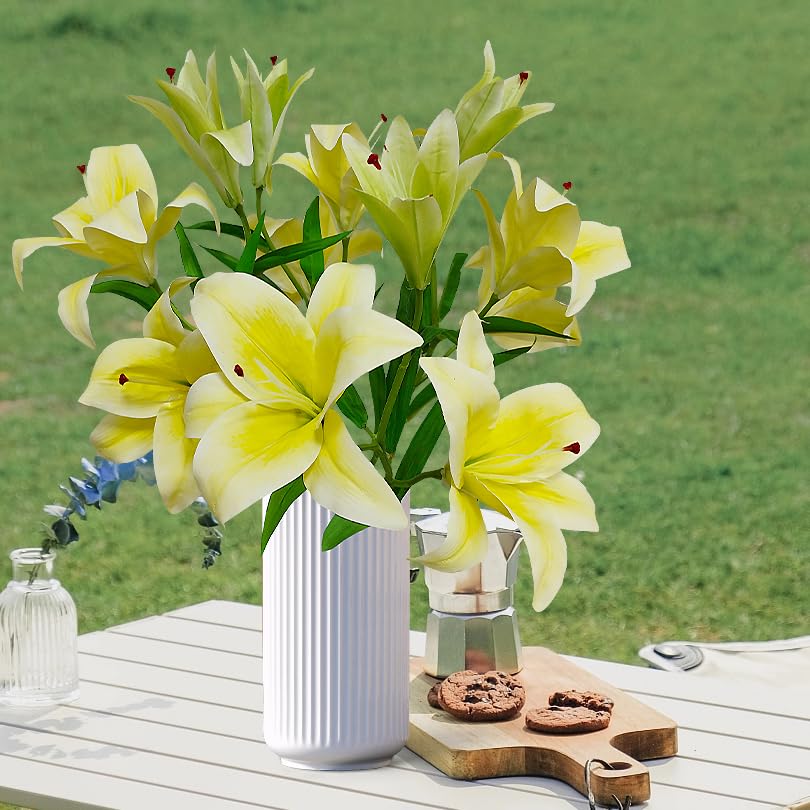 Artificial Lily Flowers,4 Pcs Faux Lily Flowers,32.5 Inch Long Stem Tiger Lily Branch with 2 Full Blooms and 1 Bud, Latex Real Touch Lilium Flower for Wedding Bouquet (4, Yellow) - color: Yellow