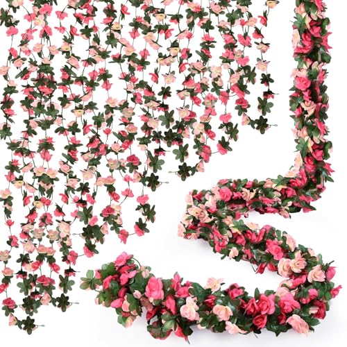 Sherika 9 Pcs 72FT Artificial Flower Garland, Fake Pink Roses Vines Hanging Silk Flowers Faux Floral Garland for Wedding Arch Room Wall Backdrop Bedroom Centerpieces Mothers Day Decorations - color: Pink