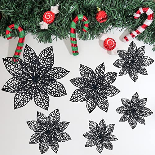 Wironlst 24 Pieces Glitter Poinsettia Flowers Christmas Tree Ornaments, Glitzy Poinsettia Bushes Christmas Decorations for Xmas/Holiday/Seasonal/Wedding (Black) - color: Black
