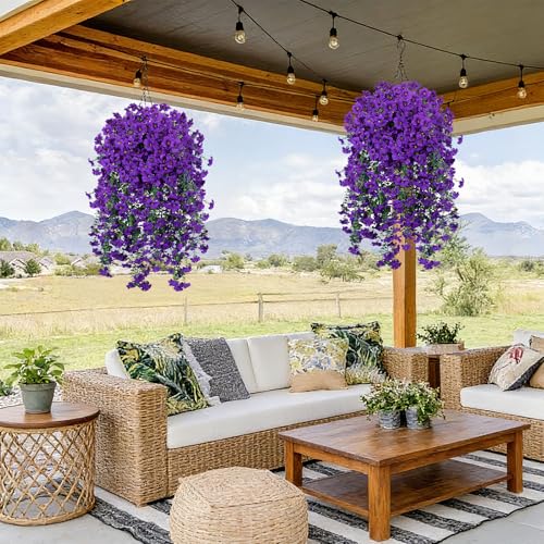 3PCS 396 Heads Morning Glory Artificial Purple Hanging Flowers for Outdoor, Fake UV Resistant Flowers Realistic Trailing Faux Plant for Porch Patio Balcony Yard Decoration - color: Purple