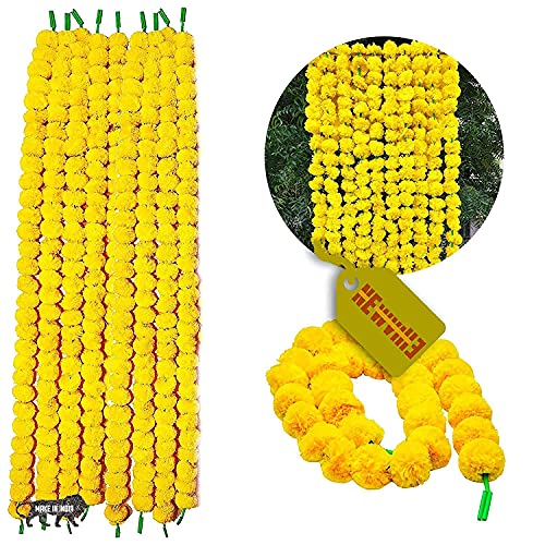 Artificial Marigold Garland for Decoration 5 Pcs of 5 feet Long Strands Artificial Marigold Flowers, Indian Decor for Pooja, Wedding Christmas, Events Decorations (Yellow) - color: Yellow