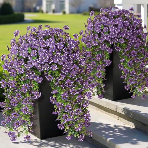 GLIDLION 4 PCS Artificial Morning Glory & Eucalyptus for Outside, Realistic Sun Resistant Fake Silk Hang Flower Faux Eucalyptus Leave for Patio Farmhouse Garden Porches Balcony Decor (Purple) - color: Purple