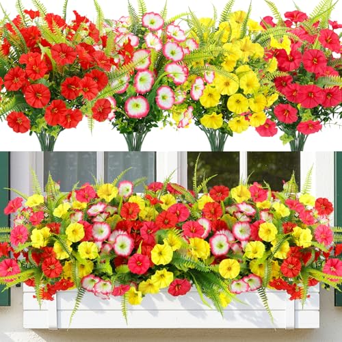 Outdoor Flowers UV Resistant Artificial Flowers 12 Bundles Artificial Petunias Fake Flowers Shrubs Plants with Fern for Indoor Outside Hanging Planters Home Garden Spring Summer Decorations - color: Red, Rose Red, Pink, Yellow