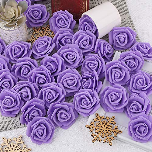 IPOPU Artificial Rose Flower Heads, 100 Pcs Real Looking Purple Foam Fake Roses for DIY Wedding Baby Shower Centerpieces Arrangements Party Tables Home Decorations (Purple 1, Stemless) - color: Purple 100pcs