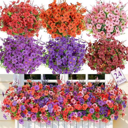 SHareconn 24 Bundles Artificial Flowers for Outdoors Decoration, Faux Plants Fake Silk Colorful Daisy Eucalyptus Lavender, UV Resistant for Outside Home Porch Indoor Spring Decor, 6 Colors incl. Brown - color: Redbrownpurpledeeppurpleorangepink