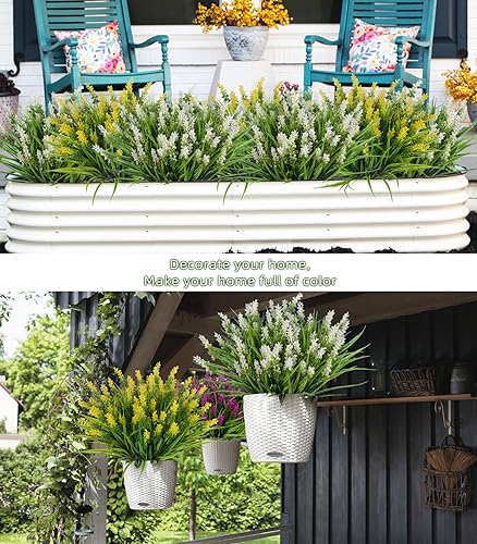 RECUTMS 12Pcs Artificial Plants & Flowers for Outside Outdoor Artificial Flowers Fake Outdoor Plants Faux UV Resistant Flower Plastic Shrubs Indoor Outside Hanging Decorations(White) - color: White