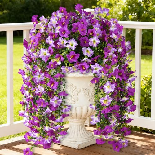Artificial Fake Flowers Plants for Outdoor Spring Summer Decoration,2 PCS Faux Silk Morning Glory with Eucalyptus Leaves,UV Resistant Realistic Outdoor Flowers for Balcony Porch Patio Yard Garden - color: Orchid Deep Orchid