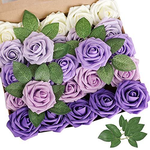 AmyHomie Artificial Flower Seriesc Purple Rose 25pcs Real Looking Fake Roses w/Stem for DIY Wedding Bouquets Centerpieces Arrangements Party Baby Shower Valentines Day Christmas Tree Decorations - color: Seriesc Purple