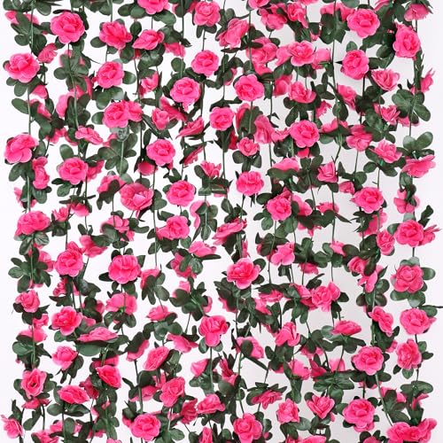 KHOYIME 9 Pack 72 FT Artificial Flower Garland, Fake Hot Pink Roses Vines Silk Flowers Faux Plastic Outdoor Hanging Floral Ivy Garland Decoration for Wedding Arch Bedroom Home Wall Backdrop Room Decor - color: Hot Pink, size: 9pcs