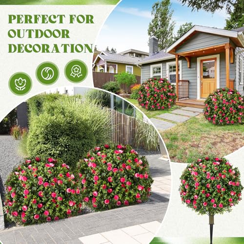 Lunmon 2 Pack 24" Artificial Topiary Ball Plants Trees with Flowers, Outdoor Fake Topiary Plants with Ground Spike, UV Resistant Faux Bushes for Indoor Outdoor Front Door Decor(Pink, White,Rose) - color: Pink, White, style: Rose