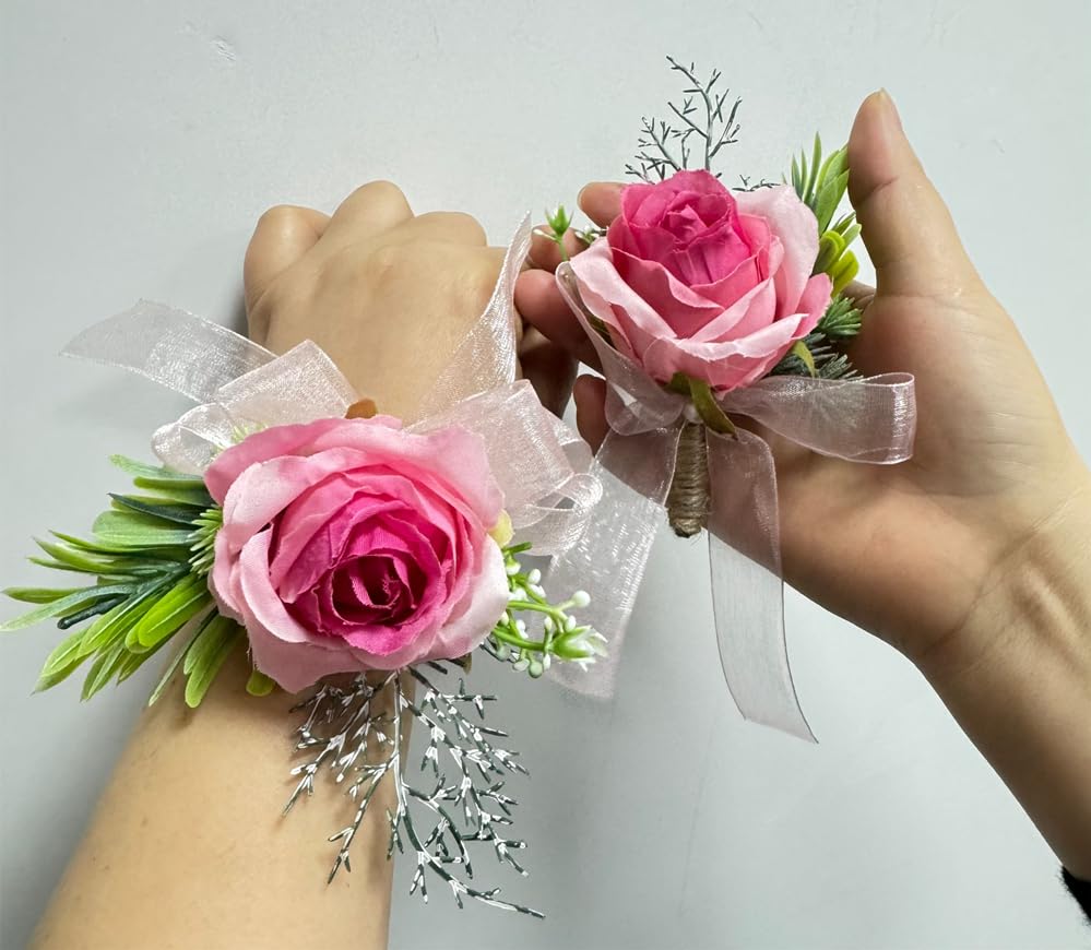 Rikyo Rose Wrist Corsage Wristlet Band and Men Boutonniere Set, Corsage for Prom,Bride Hand Flower,Wedding Flowers Ceremony,Wedding Party Prom Decor,Handmade Petals Hair Hat Wreath (Deep Pink) - color: Deep Pink