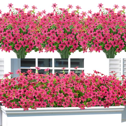 Bassion 20 Bundles Artificial Flowers for Outdoors Decorations, UV Resistant Faux Plants Fake Silk Flowers for Outside Daisy Hanging Planters Window Box Front Door Porch Patio Yard Home Decor - color: Rose Red