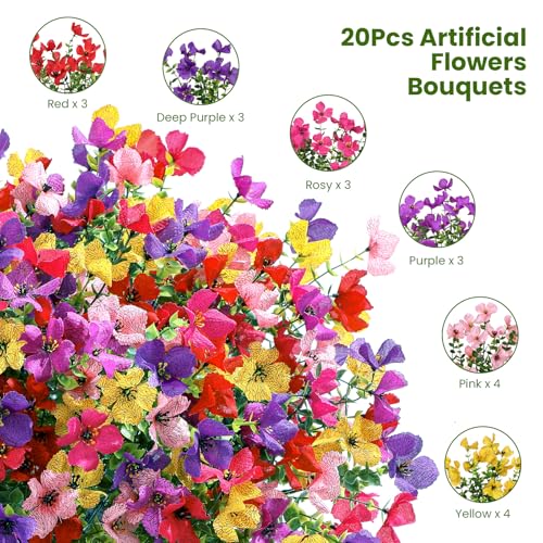 SHareconn 20 Bundles Artificial Flowers Outdoors Decoration, Fake Silk mums Eucalyptus Realistic UV Resistant Faux Plants for Outside Indoor Planter Porch Yard Home Spring Decor,6 Colors incl. Yellow - color: Redrosypurpledeeppurpleyellowpink
