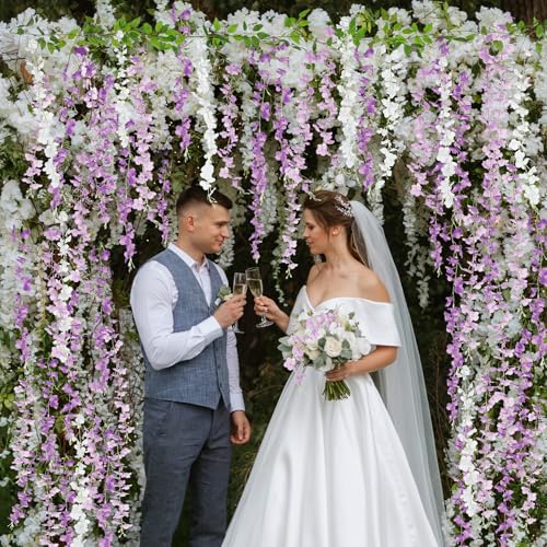 Thiccywoov 4pcs Wisteria Artificial Flowers Garland, 7.2Ft/Piece Wisteria Hanging Flowers Garland for Wedding Arch Decoration Outdoor Ceremony Home Backdrop Garden (Light Purple,Dark Purple,White) - color: Light Purple, Dark Purple, White