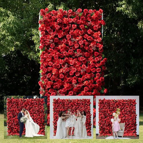 Artificial Luxury‌ Flower Wall Panels, Gorgeous 3D Silk Floral Backdrop for Wedding, Baby Show, Party and Home Decor, Quick Assembly/Storage, Both Eco ＆ Pet Friendly, 4ft*8ft - color: Red, size: 4ft*8ft