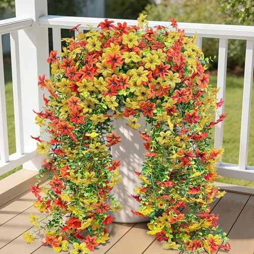 Roberly 4 Pcs Artificial Hanging Flowers for Outdoors, Realistic Faux Silk Flowers UV Resistant Fake Greenery Plants for Spring Summer Garden Porch Indoor Outdoor Home Decor, Orange Yellow - color: Orange Yellow