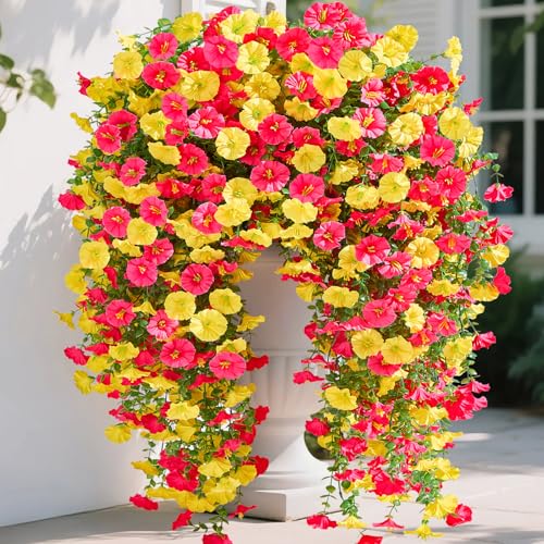 Serwalin Artificial Hanging Flowers for Outdoors UV Resistant, 4PCS Faux Morning Glory Fake Outdoor Flowers Realistic Silk Flower Plants for Outside Planter Front Door Porch Patio Yard Decor - color: Yellow& Hot Pink