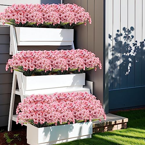 Kinisty 20 Bundles Outdoor Artificial Flowers UV Resistant with Pink Faux Silk Flowers and No Fade Fake Plastic Plants for Spring Summer Outside Planters Porch Window Box Garden Decor - color: Pink