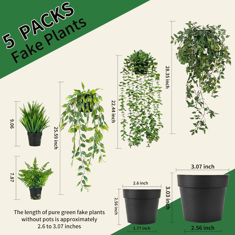 5 Pack Fake Plants - Artificial Hanging Plants & Small Potted Faux Eucalyptus Fern Ivy, UV Resistant Maintenance-Free, for Shelf Wall Desk Home Office Bathroom Indoor Outdoor Decor - size: 5-pack-5in1