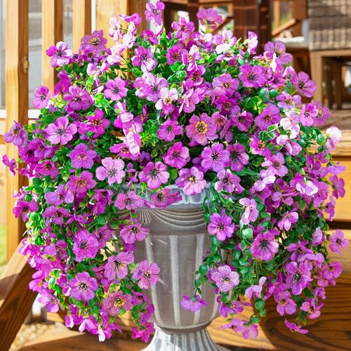 Artificial Faux Hanging Flowers Plants for Outdoor Decor, 2 PCS Outside Fake Silk Violets with Eucalyptus UV Resistant Realistic Daisy Trailing Vines for Planter Front Door Balcony Patio Yard, Purple - color: Purple