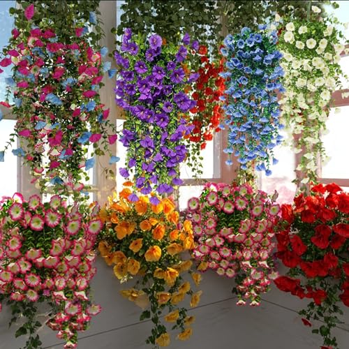8 Pcs Artificial Hanging Flowers for Outdoors Fake Morning Glory for Home Decoration UV Resistant Mixed Color Greenery and Flowers for Porches Gardens Yard Decor (Cold Color) - color: Cold Color
