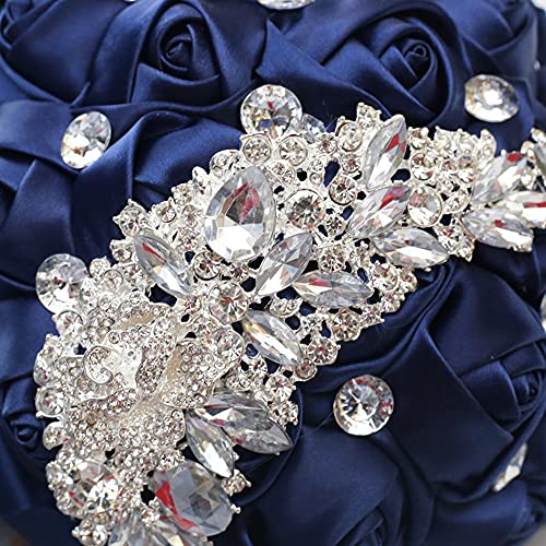Wedding Bouquets for Bride Bridesmaid Brooch Bouquet Handmade Artificial Rhinestone Satin Rose Flower Tossing Bouquet for Wedding Ceremony Anniversary(Navy Blue,18cm) - color: Navy Blue, size: 7.1''/18cm