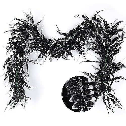 RECUTMS 2pcs Black Garland Artificial Boston Palnts 6 FT Fern Garland Faux Hanging Greenery Halloween Wreath for Outdoor Indoor Halloween Decor (Black White) - color: Black White-fern2pcs