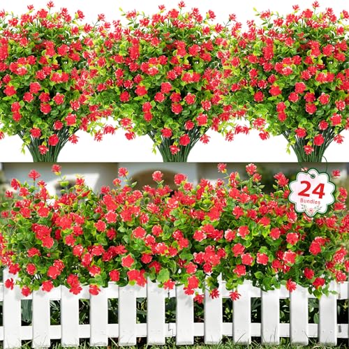 Ouddy Decor 24 Bundles Artificial Flowers for Outdoors Decoration Fake Flowers UV Resistant Faux Plastic Greenery Eucalyptus Plants for Spring Summer Garden Patio Indoor Outdoor Home Decor, Red - color: Red