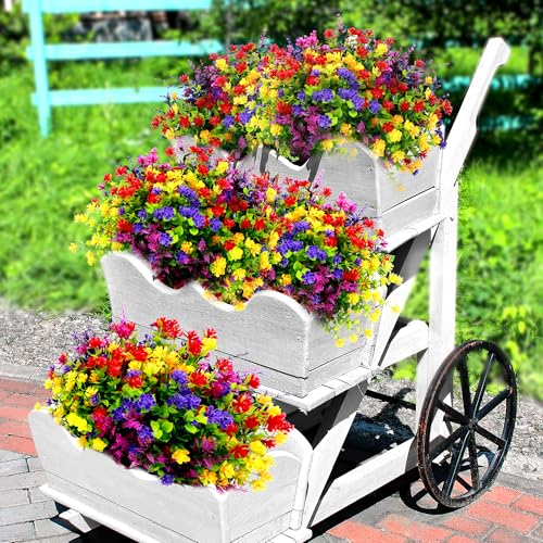 24 Bundles Artificial Flowers for Outdoors UV Resistant, Artificial Flowers Outdoor Decoration, No Fade Faux Fake Flowers Greenery Shrub Plants for Garden Home Front Porch Window Hanging Decor - color: Red+rose Red+purple+yellow, size: 24 Bundles