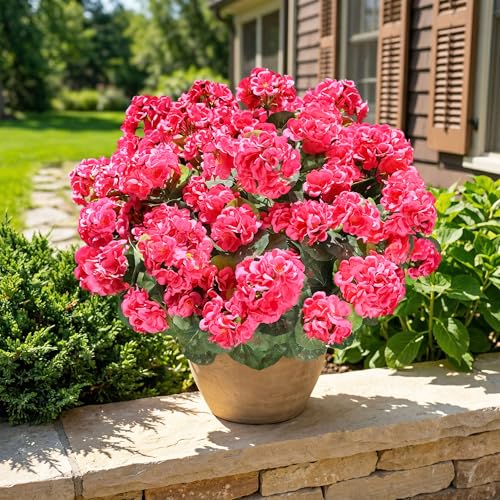 Fake Geraniums Artificial Flowers for Outdoors Outside, 6 Bundles Silk Geraniums Fake Flowers Plants Realistic UV Resistant Faux Flowers for Outdoor Planters Garden Balcony Yard Porch Indoor, Hot Pink - color: Hot Pink
