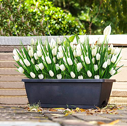 8 Bundles Outdoor Artificial Tulips Fake Flowers UV Resistant Faux Plastic Greenery Shrubs Plants for Home Outside Garden Porch Window Farmhouse Decor (White) - color: White