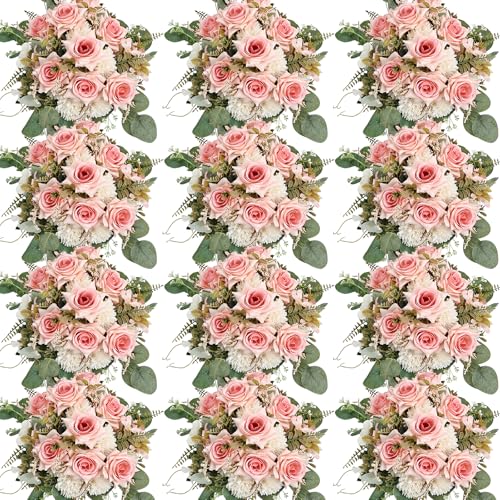 White Pink Artificial Mum Flowers 12 Bundles Silk Chrysanthemum Flowers Fake Roses with Eucalyptus, Realistic Faux Peonies for Vase Arrangement, Home Decor, Wedding Table Centerpiece - color: White Pink