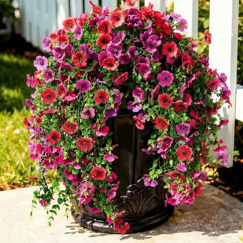 Suncalla 4 Pcs 30In Artificial Hanging Flowers for Outdoor Planter 156 Branches Trailing Faux Potted Plant Fake Floral UV & Fading Resistant for Wedding Patio Spring Summer Decor(Purple,Rose Red) - color: Purple,rose Red