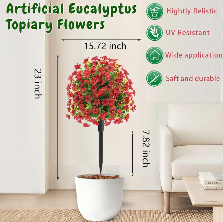 23" Set of 2 Spring Artificial Boxwood Topiary Ball Tree with Spikes,UV Resistant Fake Outdoor shrubs with Violet Flowers, Realistic Faux Plants Bushes for Garden Front Porch Yard Patio (Red)