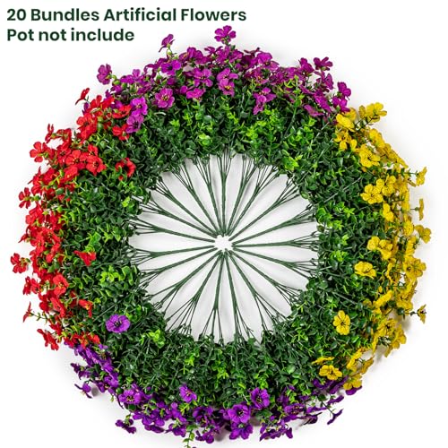 Lnoicy 20 Bundles Artificial Flowers for Outdoor Fake Plants for Spring Decoration,Faux Eucalyptus Flowers for Planter UV Resistant Lifelike for Home Porch Garden（4 Color） - color: 4 Color