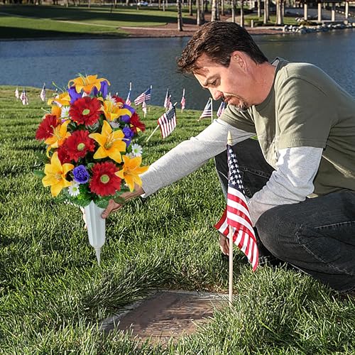 XONOR Artificial Cemetery Flower for Graves, Set of 2 Cemetery Memorial Flowers with Vase for Gravesite Outdoor Headstone Tombstone Decorations, Artificial Lily Rose Gerbera Flowers Bouquets - color: Orange