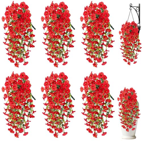 Artificial Hanging Flowers for Outdoors, 6 PCS Silk Morning Glory Artificial Flowers with Eucalyptus Leaves, UV Resistant Fake Flower Realistic Faux Plants for Home Patio Porch Garden Decor, Red - color: Red