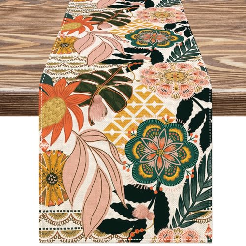 Boho Floral Table Runner Vintage Flower Tropical Leaves Kitchen Dining Table Decoration Botanical for Indoor Outdoor Home Party Decor Supplies, 13 x 72 Inch