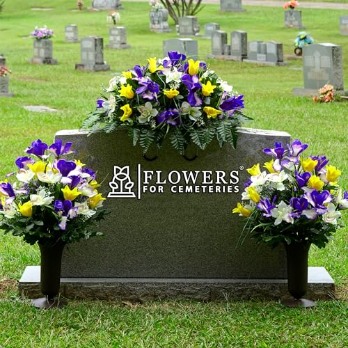 Sympathy Silks Artificial Cemetery Flowers - Grave Decoration - Yellow Tulips and Purple Iris (1) Headstone Saddle (2) Bouquets (2) Vases - color: Yellow/Purple, size: (1) Saddle (2) Bouquets (2) Vases