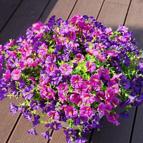 Artificial Flowers for Outdoors, UV Resistant Fake Silk Morning Glory, Realistic Faux Plants for Outside Porch Patio Window Box Hanging Planter (16, Purple Fuchsia) - color: Purple Fuchsia