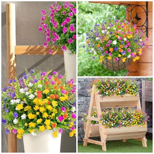 Bassion 20 Bundles Artificial Flowers for Outdoors, UV Resistant Faux Plants Outdoor Indoor Fake Flowers Plastic Greenery Shrubs Eucalyptus Stems for Garden Fence Patio Window Box Porch Pot Decor - color: Mix