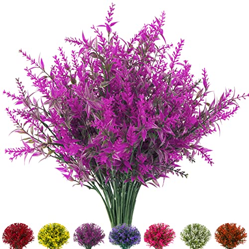 Artificial Outdoor Lavender Flowers,10 Bundles Artificial Flowers UV Resistant Fake Outdoor Faux Plastic Flowers Shrubs for Indoor Outside Decorations(Fuchsia) - color: Fuchsia, size: 10 Bundles